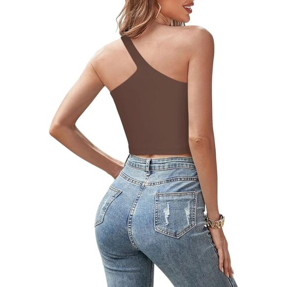 🟤 REORIA One-Shoulder Backless Brown Crop Top M – NWT - Picture 2 of 4